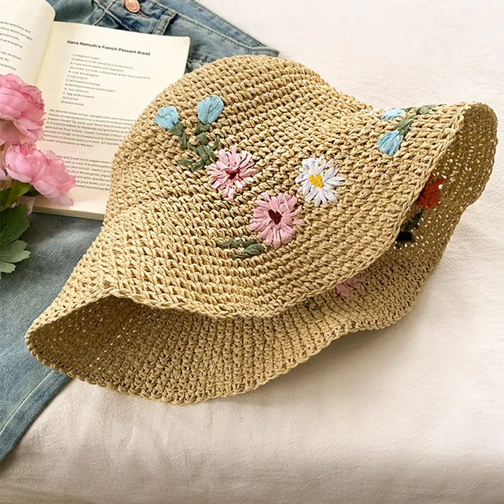 

Comfortable To Wear Colorful Flower Straw Hat Embroidered Flower Boho Weave Hat Breathable Korean Style Fisherman Hat Girls