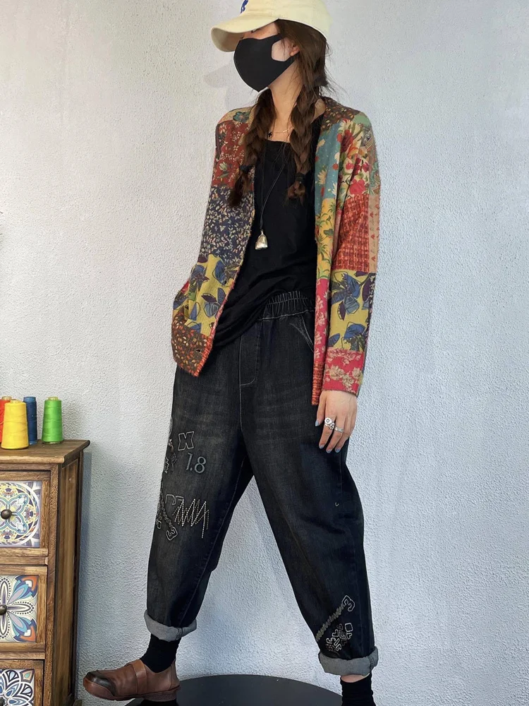 Amax luluE Winter Vintage Printed V-Neck Sweaters Womens Loose Leisure Cardigans Gothic Females Harajuku Pocket Floral Clothing