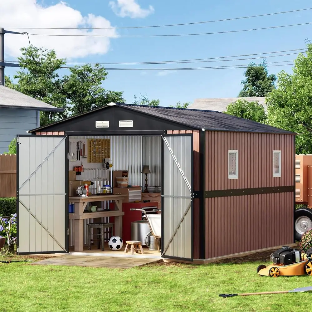 

Large Outdoor Metal Storage Shed - 10x12 ft with Lockable Doors and 2 Windows, Ideal for Patio, Garbage Storage, and Chicken Coo