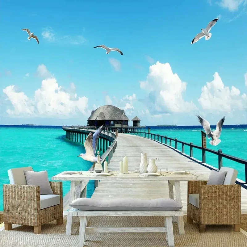 Custom 3D Mural Modern Seascape Wooden Bridge Seabird Wallpaper sticker for wardrobe Restaurant Background Home Decor Painting