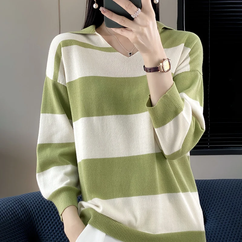 Spring Summer New Woman 100% Cotton Sweater V-neck 3/4 Sleeve Color Stripe Pullover Loose Casual Knit Bottoming Sweater Tops