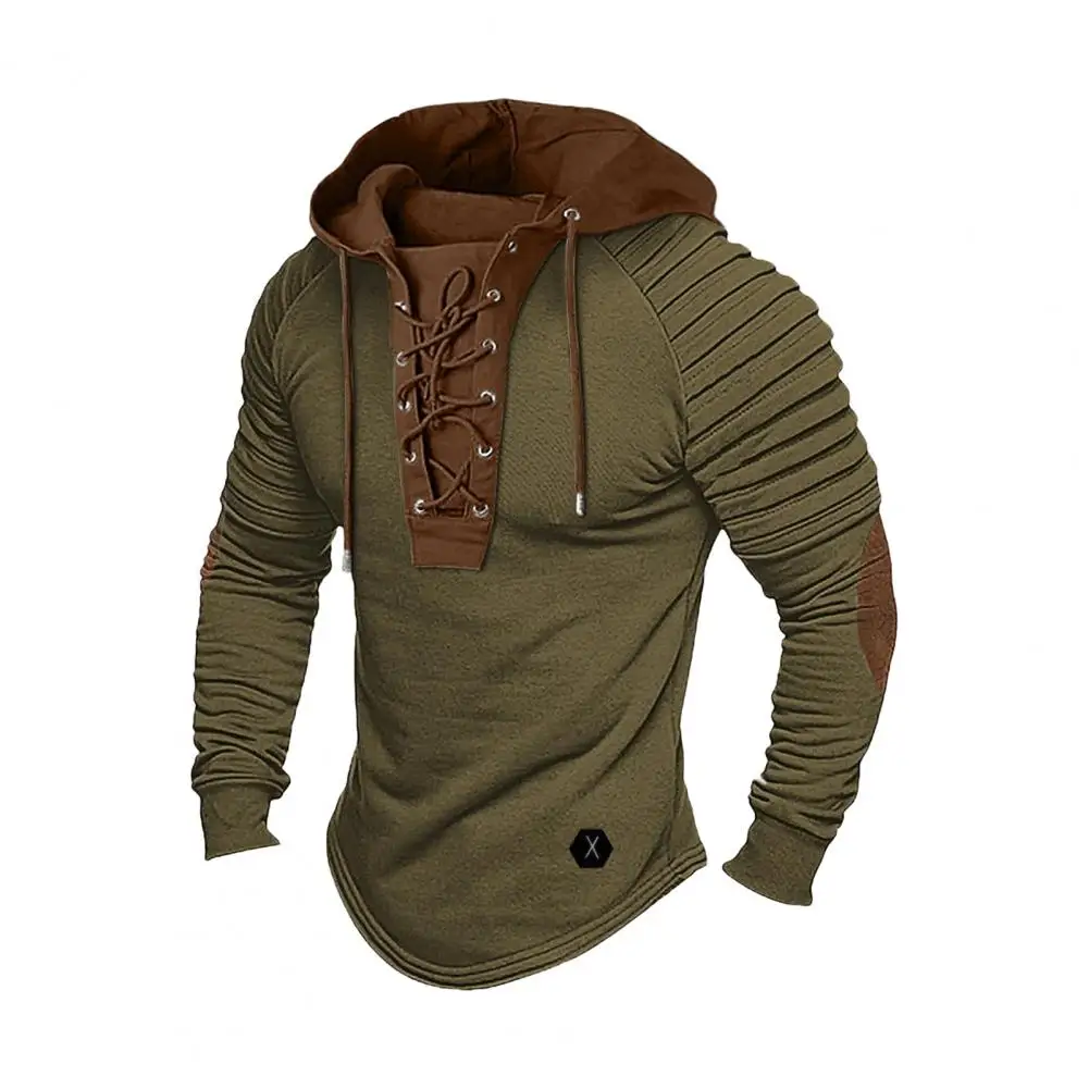 Men Spring Hoodie Pleated Shoulder Colorblock Drawstring Hooded Top Long Sleeve Pullover Lace-up Retro Daily Sport Hoodie