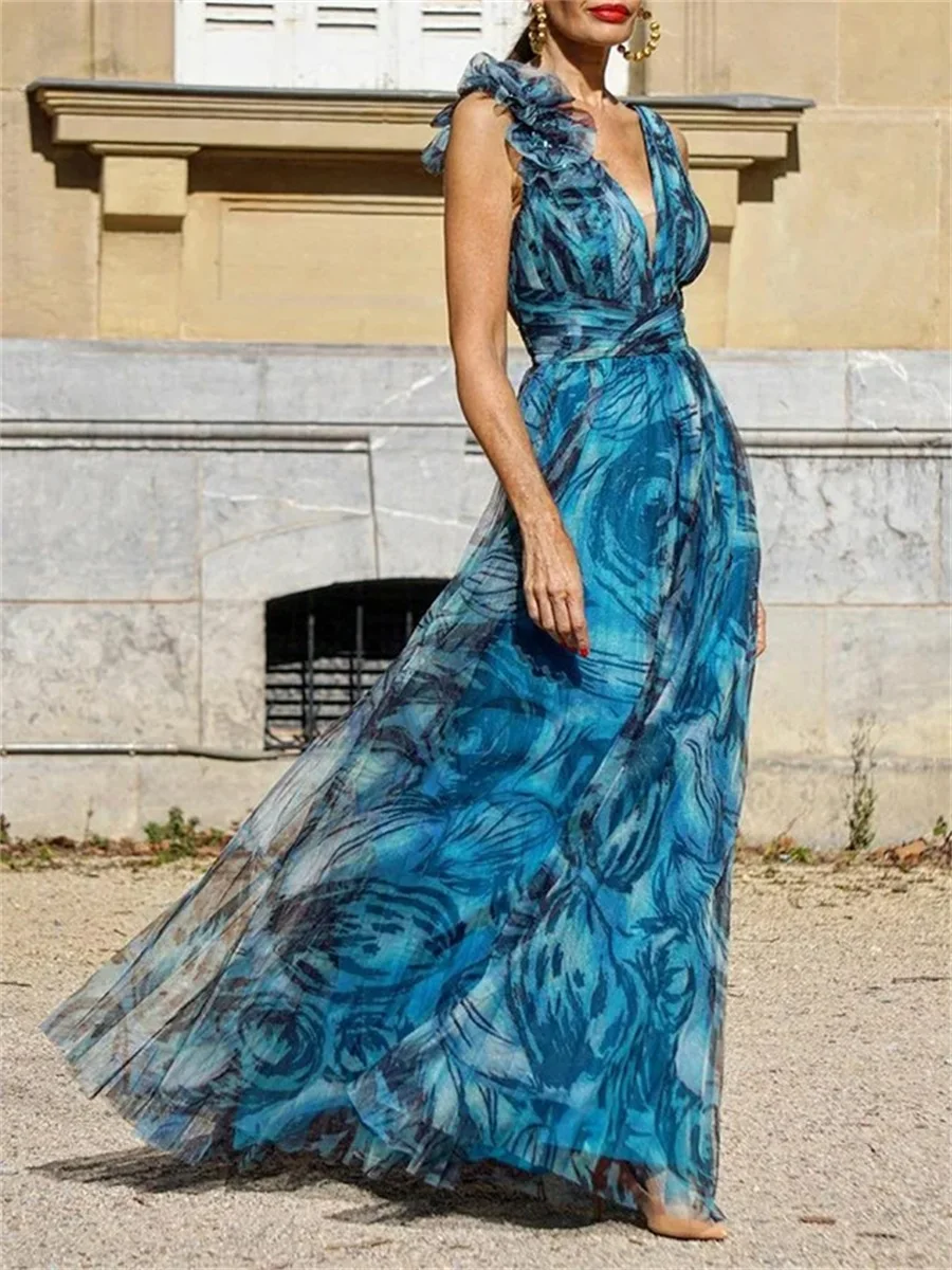 

Women's Printed Bohemia Vacation Dresses Blue Applique Deep V-neck Sleeveless Swing Pleat Dress Elegant Birthday Party Long Gown