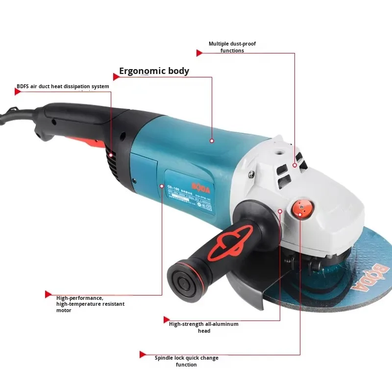 Industrial Grade 2500W High Power Angle Grinder 180 Multi-Function Polishing Cutting Polisher with Trigger Switch