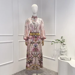 2023 Fall Pink Violet Floral Botanical Printing Silk Suit Set Lady Fashion Long Sleeve Blouse High Quality Fantasy Matching Sets