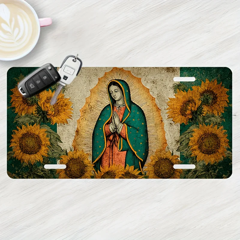 2D Flat - [Enable ] 2D Flat, Our Lady of Guadalupe And Sunflower Car Front License Plate Plaque |, Novelty Decoration, Size 6*12
