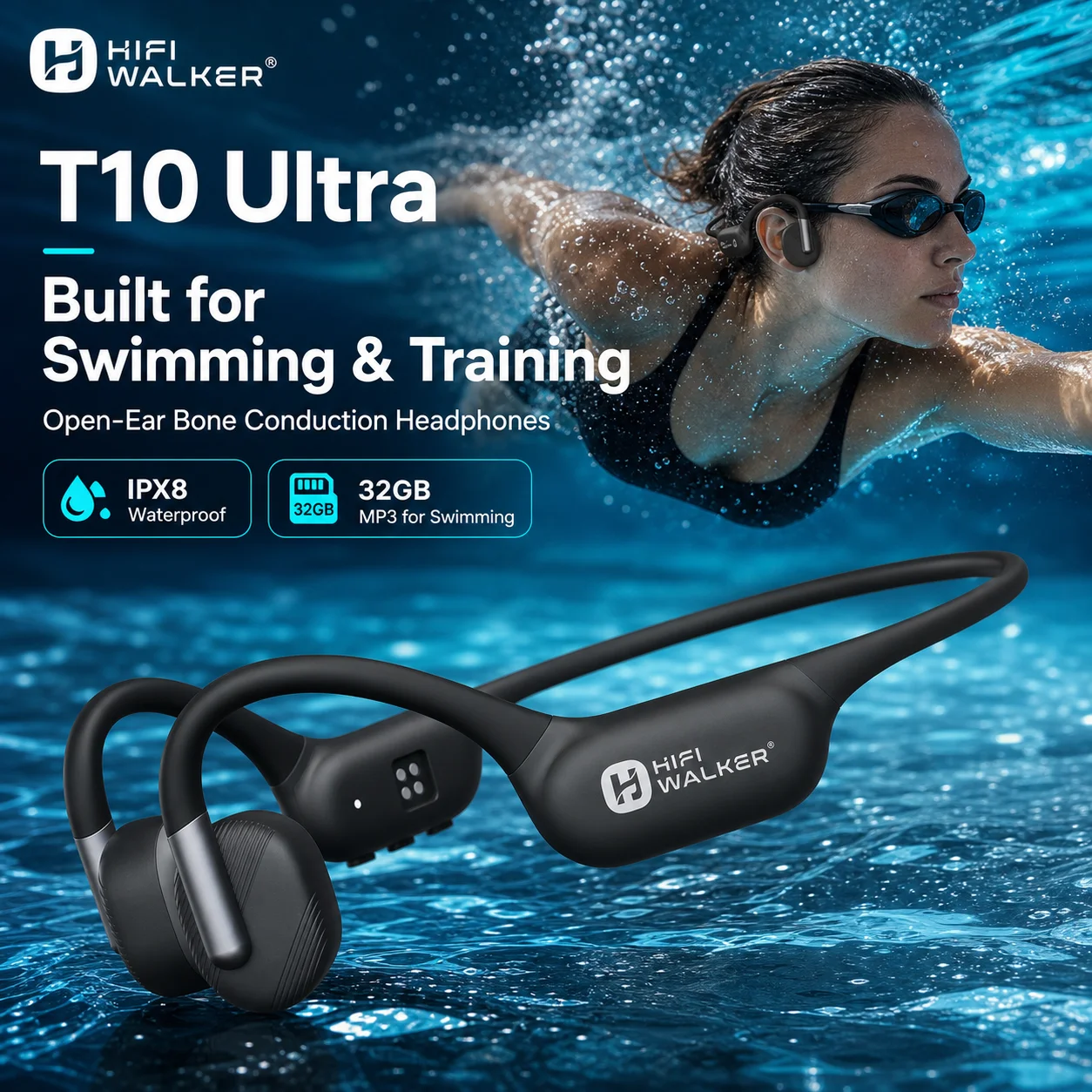 Bone Conduction Headphones with 32GB Memory, IPX8 Waterproof Swimming MP3 Player, Bluetooth 6.0 Wireless Headset with Microphone