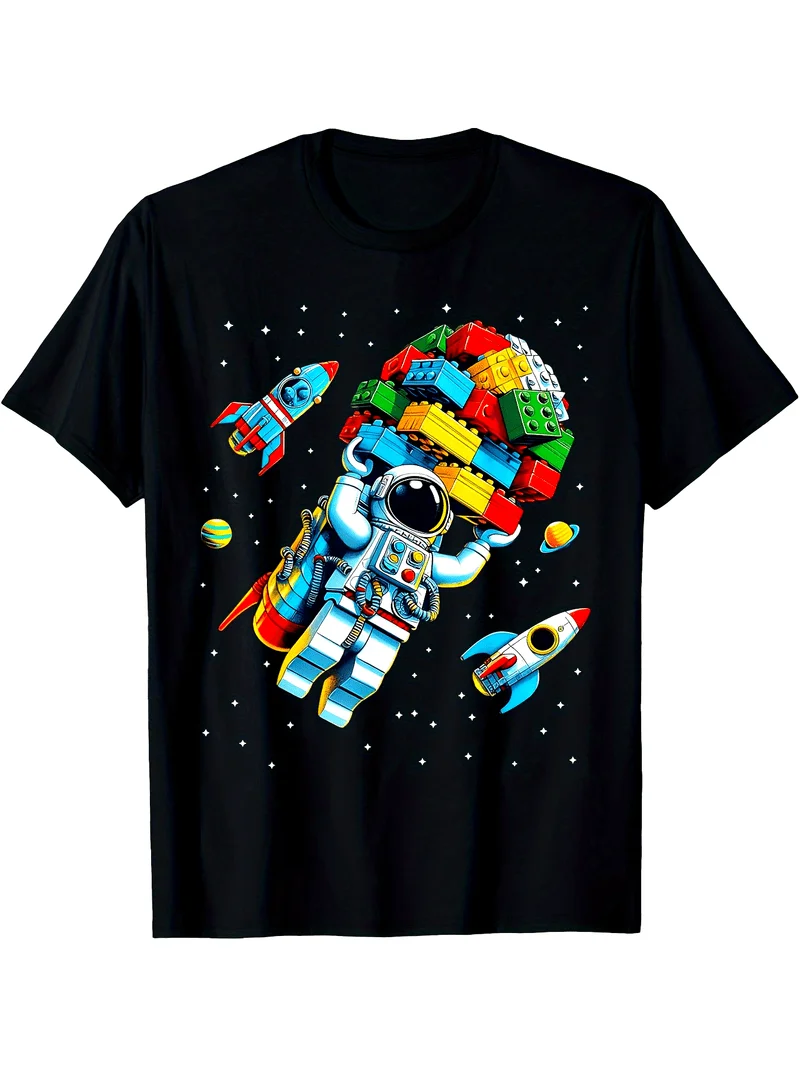 Men's Retro Space Astronaut Building Block Inspired Graphic T-Shirt White Colorful Floating Planets Casual Round Neck Tee Gift