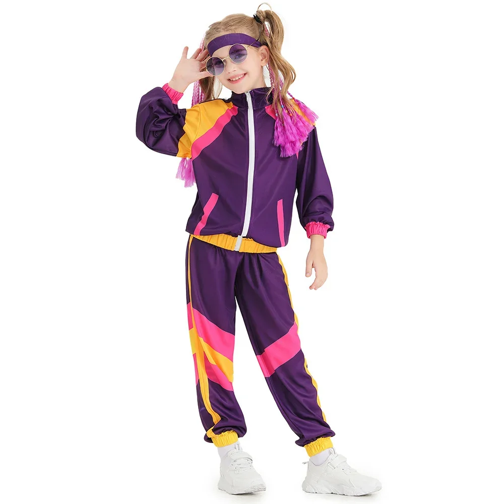 Kids 70s 80s Retro Disco Hippie Costume Halloween Carnival Party Cosplay Unisex Tracksuit Suit For Boy Girl