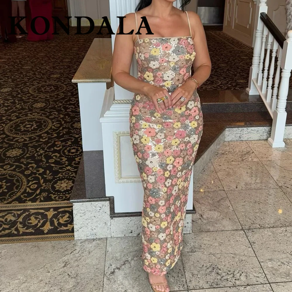 KONDALA Chic Sexy 2025 Paillettes Estate Donna Abito Backless Cami Floreale Tubino Abiti Lunghi Ricami Femminili Slim Split Abiti