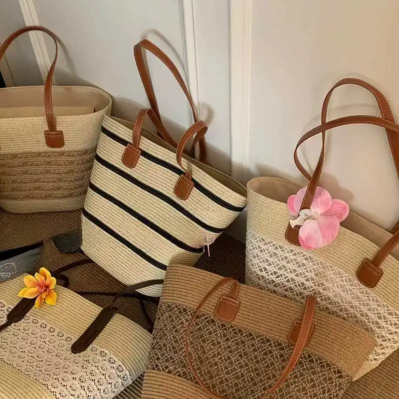 

Ladies Large Capacity Straw Woven Shoulder Bag Beach Vacation Style Casual Fashion Handbag Tote Bag Commute Country Style