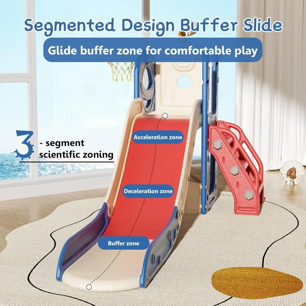 6 in 1 Toddler Slide for Toddlers Age 1-3, Extra-Long Slide with Basketball Hoop Indoor and Outdoor Baby Climber Playset