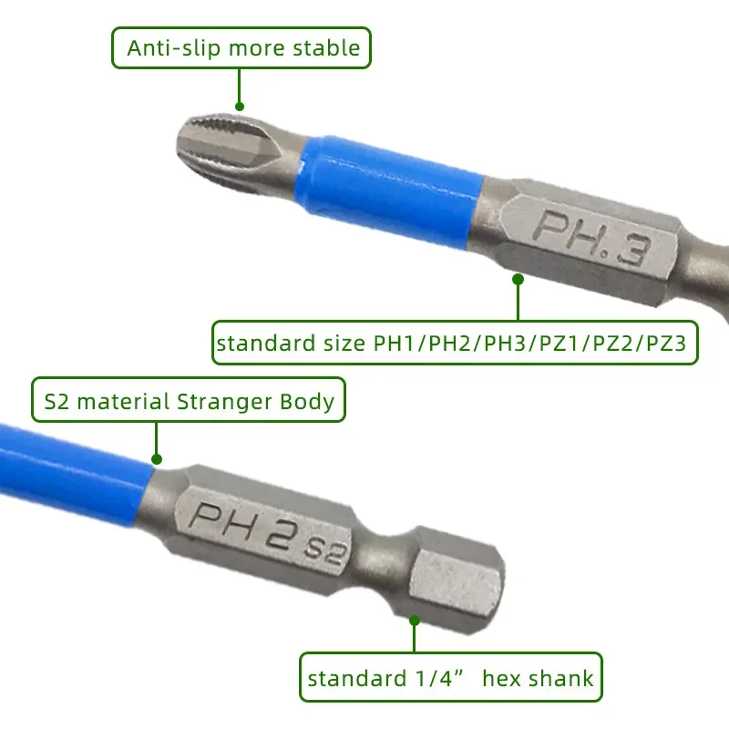 6pc 50mm PH1 PH2 PH3 PZ1 PZ2 PZ3 Magnetic Screwdriver Bit Set 1/4\