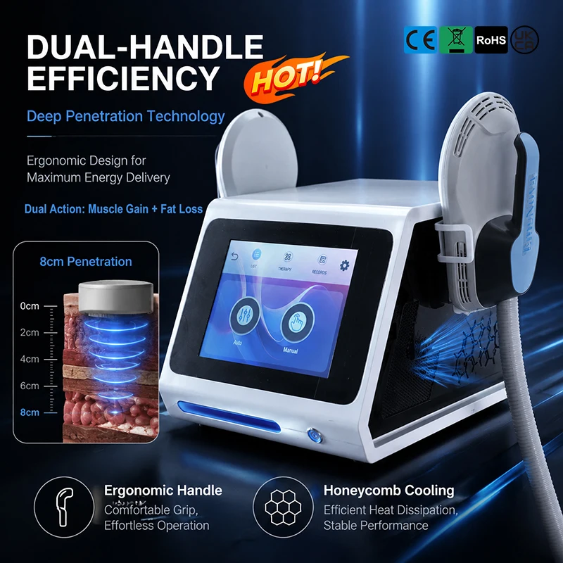 Mecavie Professional 6500W Hi-EMT Body Sculpting Equipment, Dual Handles EMS Muscle Building Fat Burning Slimming Machine