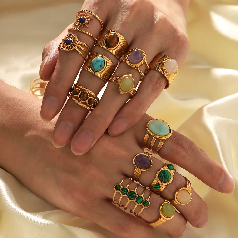 

Retro Round Geometric Stainless Steel Ring for Women 18k Gold Plated Emerald Stone Colored Natural Stone Adjustable Opening Ring