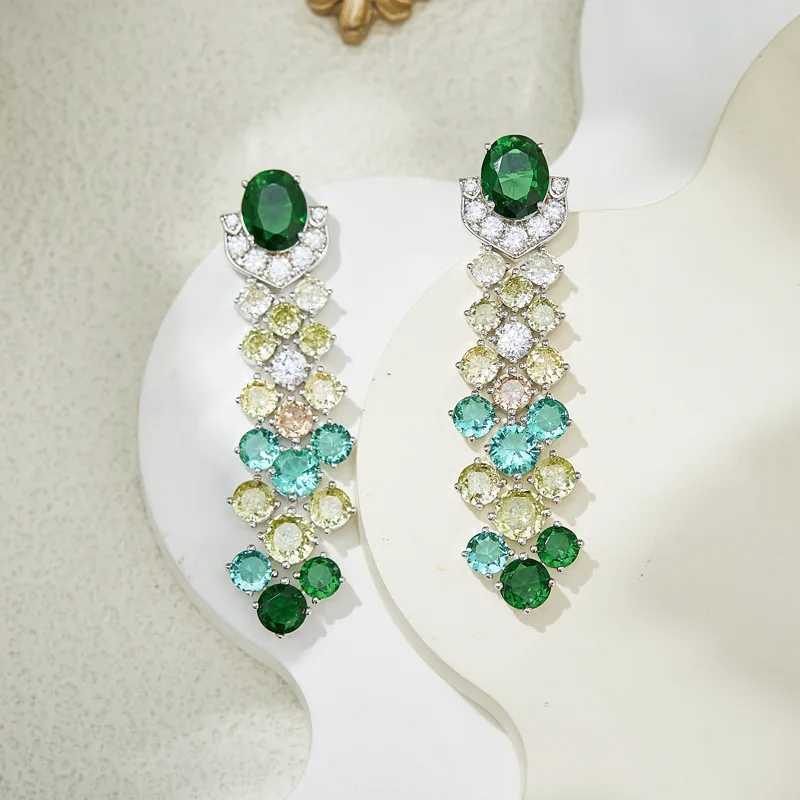 

Emerald Feather Copper-Zircon Earrings | Green-Yellow Gradient Layering | Pure Luxury White Background