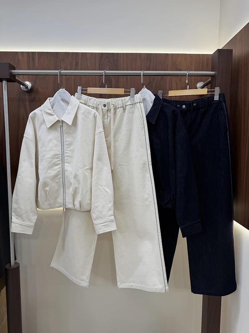 Collared Zip Cropped Jacket & Side Striped Drawstring Wide Leg Pants Two-Piece Casual Set for Women