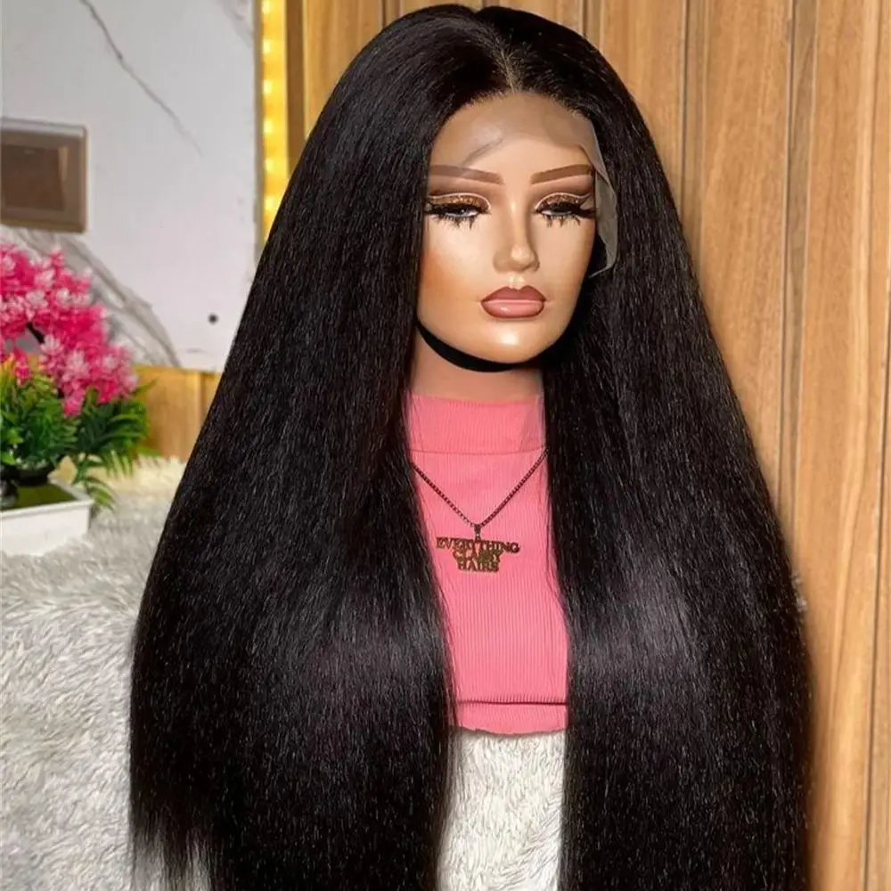 Perruque Lace Front Wig Yaki Synthétique, Cheveux Crépus Lisses, Doux, Longs, Noirs Naturels, 26 Pouces, Pre-Plucked, Sans Colle, pour Femme