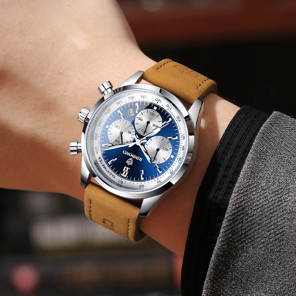 BINBOND B380 ساعة كوارتز جلدية فاخرة للرجال مضيئة مقاوم للماء موضة عادية متعددة الوظائف الموقت رجال الأعمال ساعة