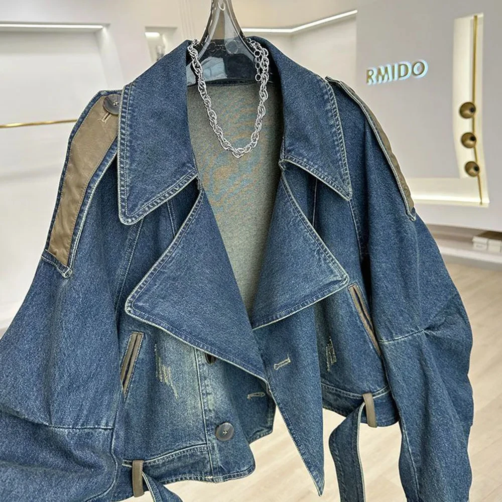 Women\'s Cropped Denim Jacket Retro Distressed Patchwork Leather Denim Coat Casual Loose Long Sleeve Jean Jacket Coat with Belt