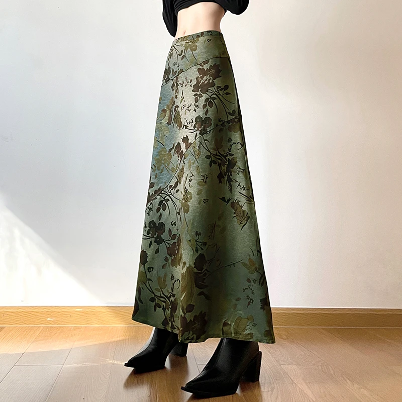 Rockmore Vintage Print Green Trumpet Midi Skirts Y2K Aesthetic Chic Low Waist Long Skirts Grunge Fairycore Holiday Outfits New