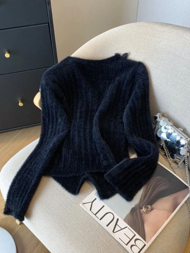 Harajuku Vintage élégant tricot doux pull femmes coupe ajustée à manches longues col en v hauts irréguliers décontracté mode bureau dame pulls