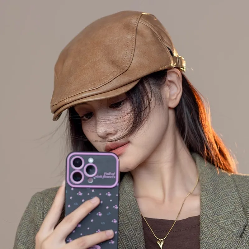 Women Leather Beret Caps 2025 Vintage Retro Gang Style Large Size Slouchy Hat for Face Slimming