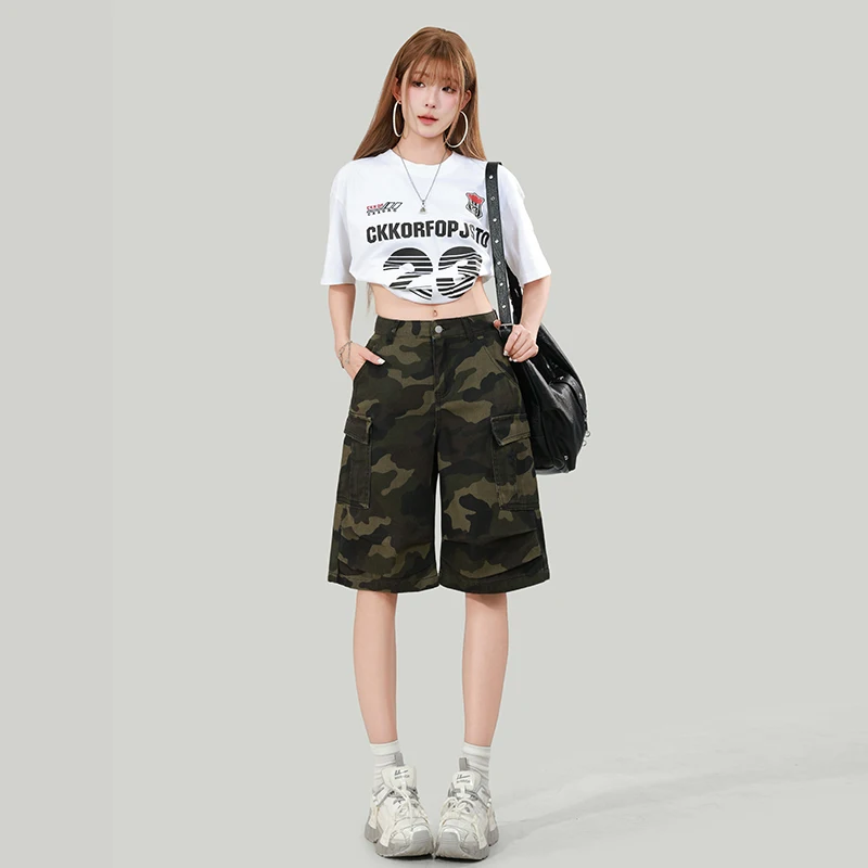 

American retro workwear camouflage jeans for women, summer high-waisted loose straight wide-leg mid-length pants for petite wome