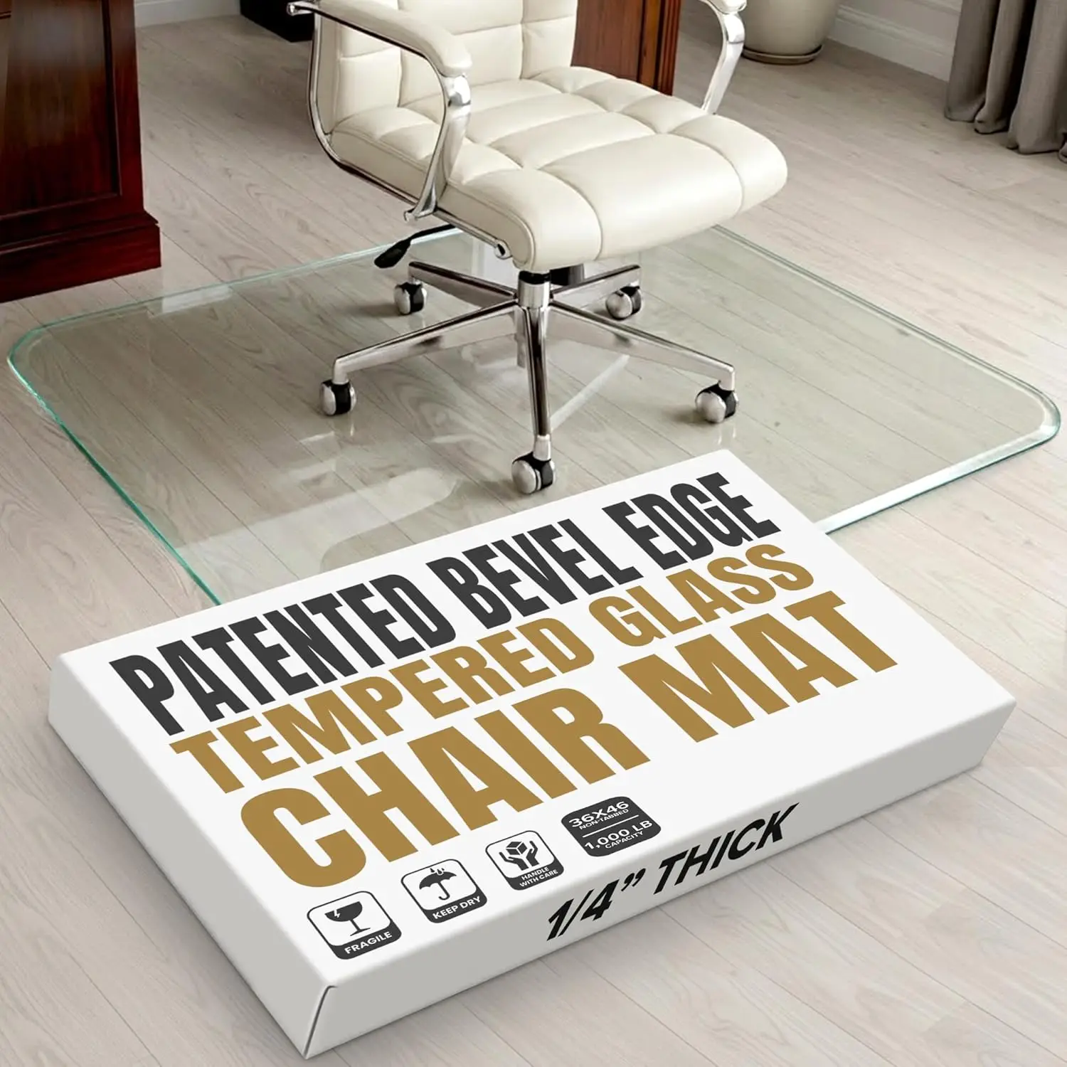 Tempered Glass Chair Mat for Carpet & Hardwood Floors - 36x46, Beveled Edge, 1000 lb Capacity, Smooth Glide Floor Protector