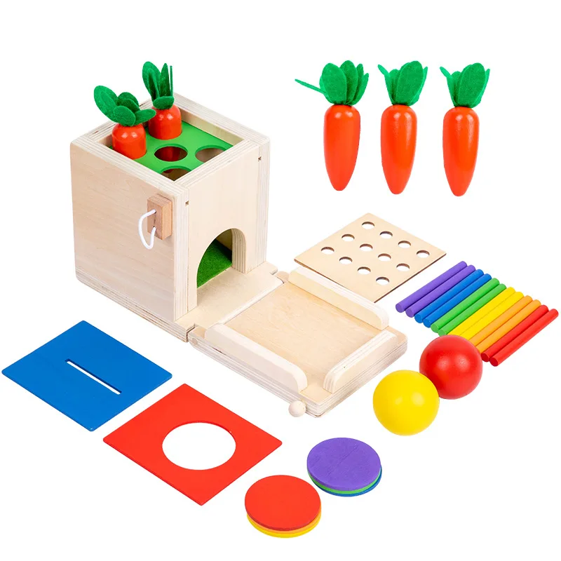 

Baby Wooden Montessori Toys Toddlers Play Kit 4 in 1 Object Permanence Box Coin Box Carrot Harvest Color Match Sticks Drop Game