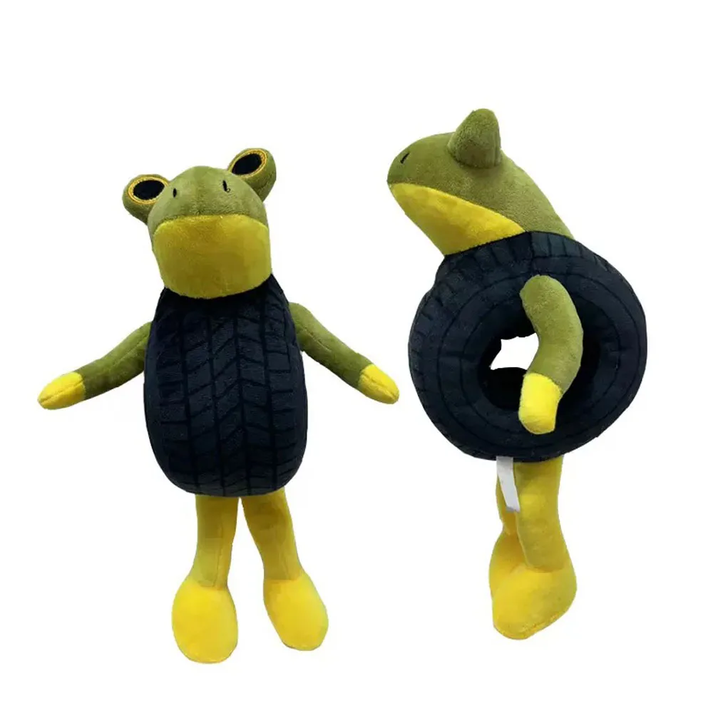 لعبة قطيفة على شكل ضفدع أصفر مع سترة بنمط إطارات، دمية حيوانات محشوة مبتكرة للأطفال وديكور المنزل، هدية قطيفة فريدة من نوعها