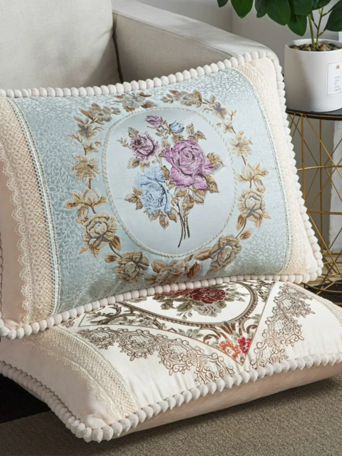 

1pcs European Jacquard Sofa Cushion Pillowcase Plush Border Pillow Embroidered Rectangular Backrest Chair Lumbar Pillow Cover