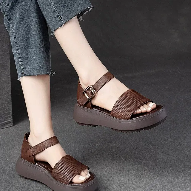 Spain Glas Genuine Leather Thick Bottom Breathable Fish Mouth Sandals Versatile Top Layer Cowhide Women's Shoes Casual Sandals