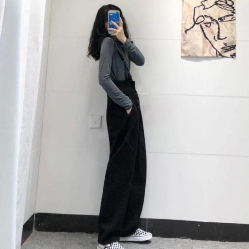 

Черные джинсовые комбинезоны на одно плечо для женщин в корейском стиле, весенние, свободного кроя, с отстегивающимися широкими штанинами, длиной в пол