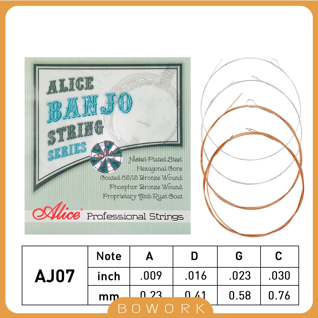 Alice AJ07 Phosphor Bronze Banjo Strings Light (9-30) 4-String Set For Tenor Banjo String Replacment Anti-Rust Coating Strings