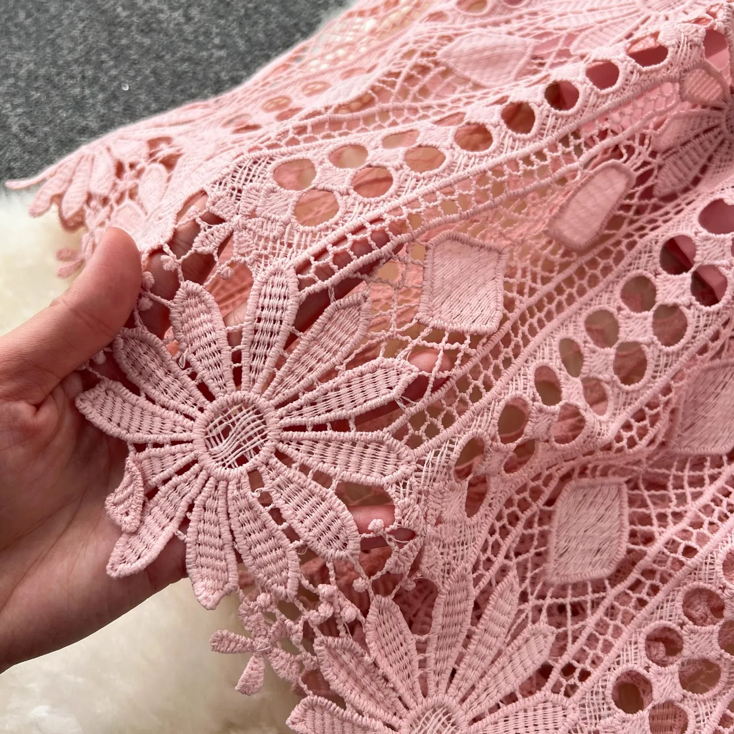 Runway Crochet Hollow Out Pink Midi Lace Dress for Women 2024 Summer Short Sleeve Embroidery Party Dress Elegant Holiday Robe