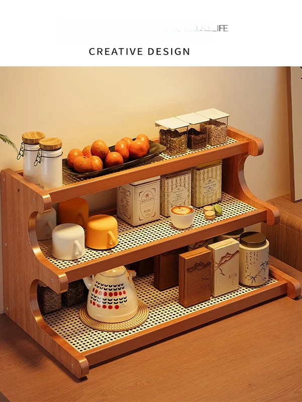 Retro Luxury Multi-Layer Storage Rack Kitchen Desktop Spice Condiment Coffee Cup Mugs Shelf Bamboo Density Board Material