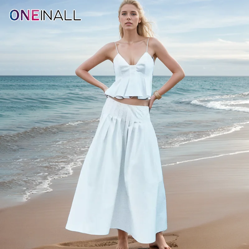 

ONEINALL Elegant Two Piece Set For Women V Neck Camisole Spliced Folds High Waist Long Dress Solid Set Female Summer Clothes New