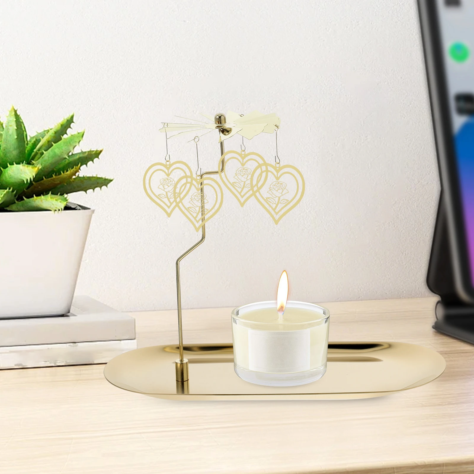

Metal Rotating Candlestick Tray Automatic Rotation Tea Light Holder Dining Table Valentine's Day Decoration