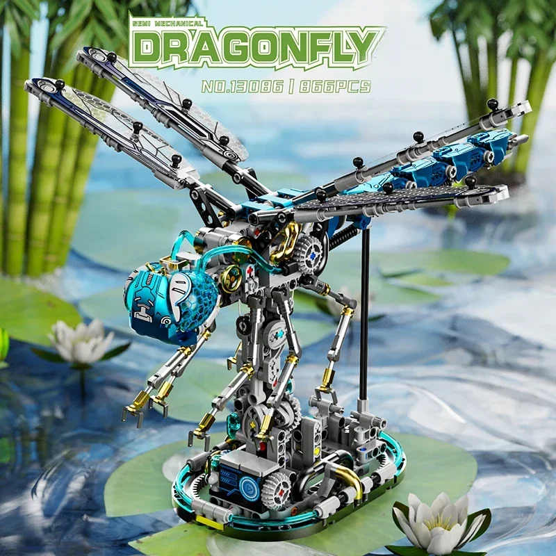 

866PCS Mechanical Dragonfly Building Blocks Insect Series Model Bricks With Light Desktop Ornaments Kids DIY Toys Holiday Gifts