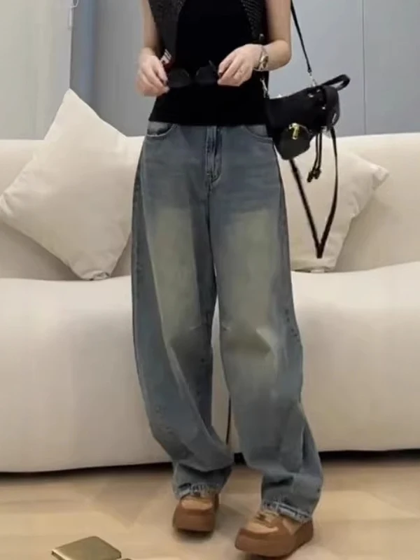 

Light Blue Retro Wide Leg Denim Jeans Women's Summer 2025 New plus Size Loose Banana Knife Pants High Waist Loose Fit