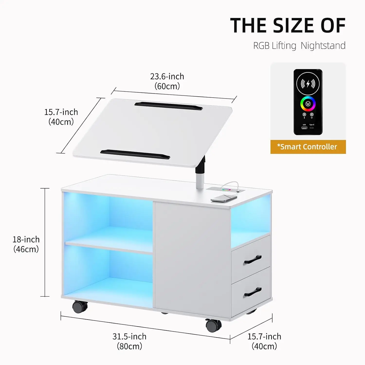 Nightstand Wireless Charging Auto Sensor RGB Bedside Table 360° Rotary Open Shelves Drawers 5 Wheels, Customized