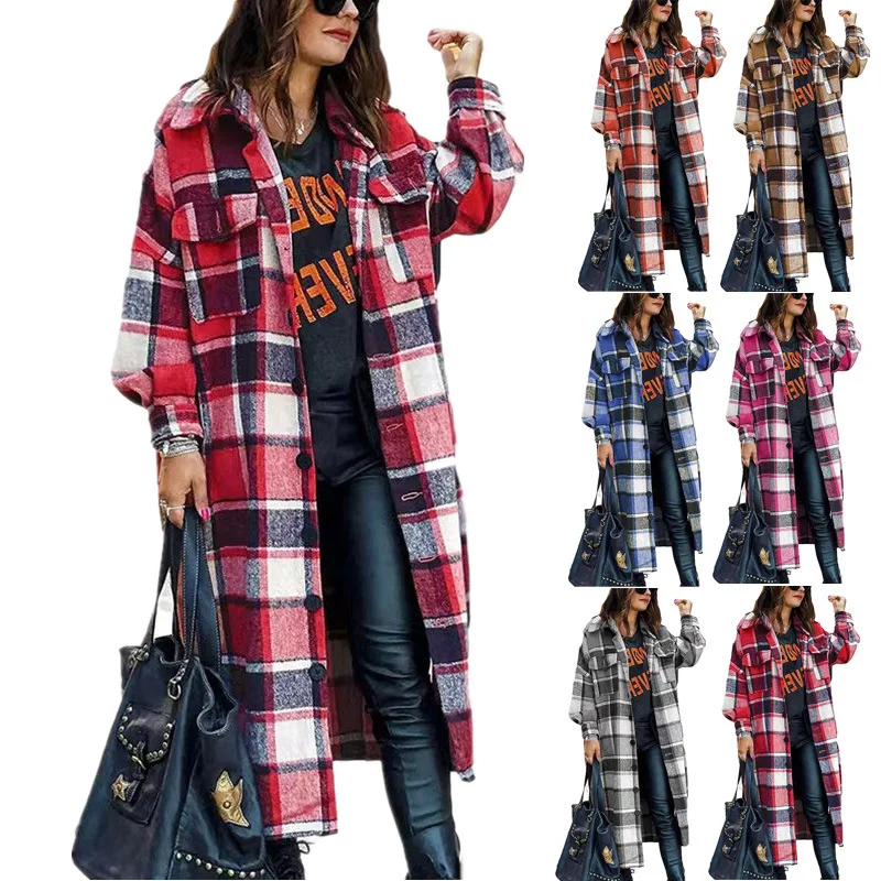 

Autumn and Winter New Women's Plaid Pioneer Loose Button Plaid Shirt Woolen Coat Trench Coat Fashion Pocket Long Cardigan Jacket