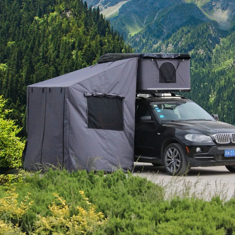 Roof tent, bathroom, camping lounge, leisure hut, one bedroom and one living room roof tent