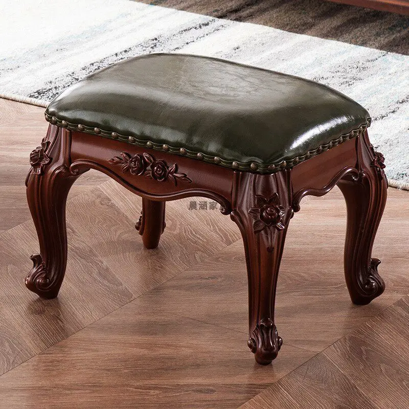 American low living room household all solid wood small square stool carved leather  sofa stool shoe change