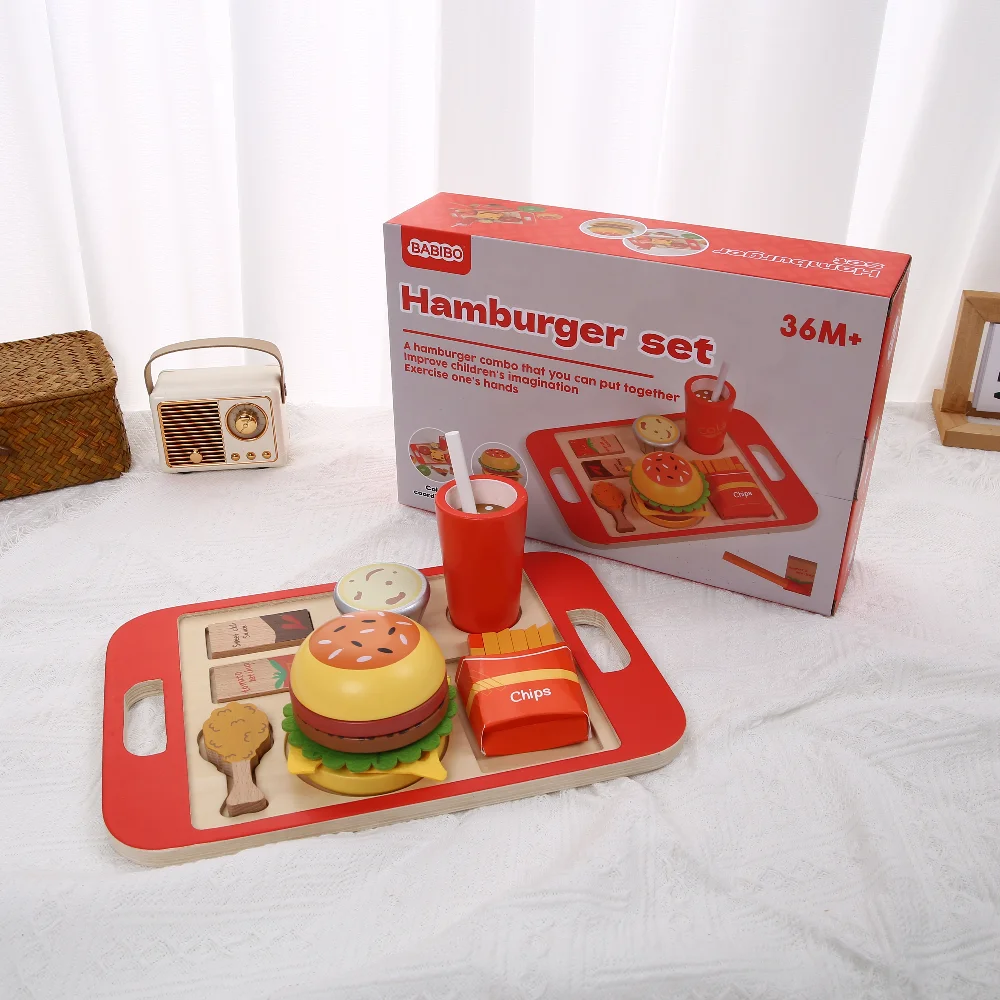 مجموعة مزيج برجر محاكاة خشبية لعبة التظاهر لعبة الطعام للأطفال المطبخ لعبة لعب الأدوار المحاكاة هدية للأطفال