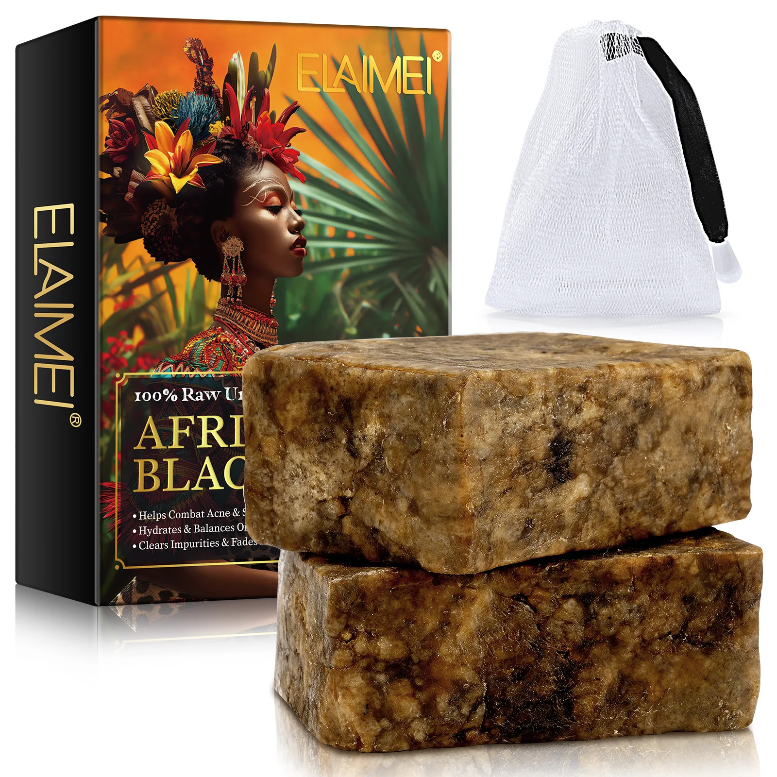 ELAIMEI African Black Soap 100g X 2, Handmade Natural Bar Deeply Moisturizes & Balances Oily Skin