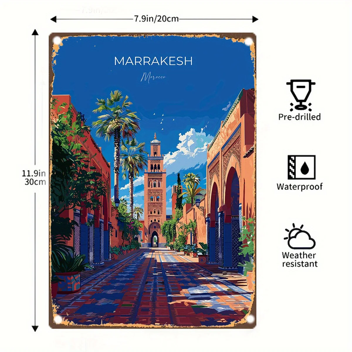Room Decor Marrakesh Morocco Vintage Tin Sign, , Pre-Drilled Weatherproof Iron Plate, Artistic Home Decor with High-Quality Foil