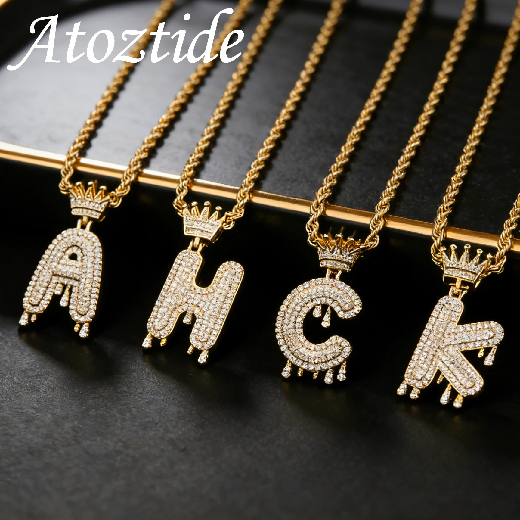 

Atoztide Personalized Hip-hop Zircon Crown Teardrop Letter Pendant Necklace for Men Women Twisted Chain Birthday Jewelry Gift