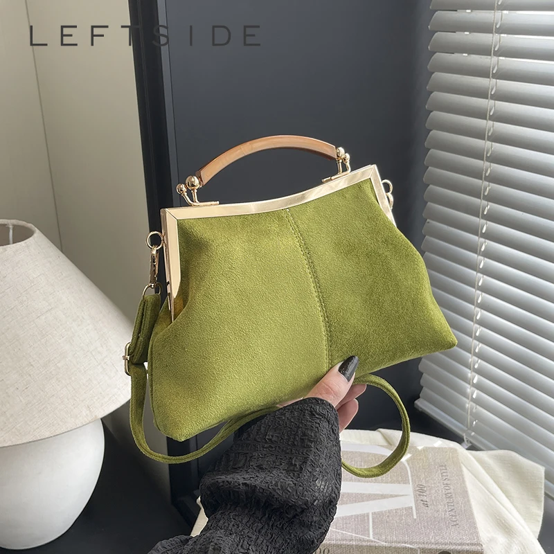 LETSIDE Suede Handbag with Wooden Handle Vintage Gold-Tone Metal Frame Top Handle Bag for Women Retro Chic Shoulder Purse